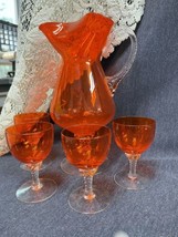 Vintage Mid Century Modern Blown Art GLASS Orange Pitcher w/ 4 Wine Stem Glasses - £42.96 GBP