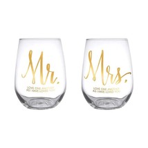 NEW Mr. Mrs. Wine Glass Set 20 oz 5&quot; Stemless &quot;Love One Another&quot; Wedding Gift - £18.37 GBP