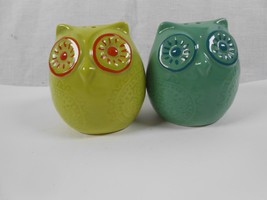 Owl Salt and Pepper shakers Green and Bluish Green Big eyes 3&quot; tall - $9.50