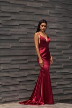 Mermaid Burgundy Prom Dresses Spaghetti Straps Backless Evening Formal Gowns - £110.04 GBP