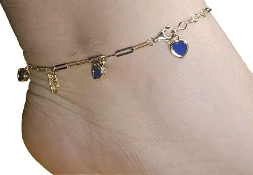 Dolphin Blue Heart Dangle Charm Anklet Adjustable Bracelet 10kt Solid Gold Item image 7