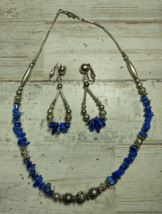 Vintage Lapis Lazuli Chip Bead Necklace and Dangle Clipon Earrings Set - £26.58 GBP