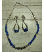 Vintage Lapis Lazuli Chip Bead Necklace and Dangle Clipon Earrings Set - £26.51 GBP