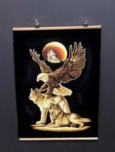 Hand-Painted Black Velvet Artwork, Majestic Embrace Wolf and Eagle Velve... - $99.00