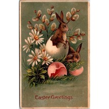 Antique Embossed Easter Greetings Postcard, Bunnies from Eggs and Daisies, Print - £6.88 GBP