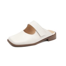 Square Toe Woman Mules Soft Leather Cowhide Women Flat Shoes Spring Slippers Ret - £98.45 GBP