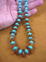 (PB-424) Turquoise + AMBER chip ORANGE Poland beaded 21" long NECKLACE jewelry - $105.64