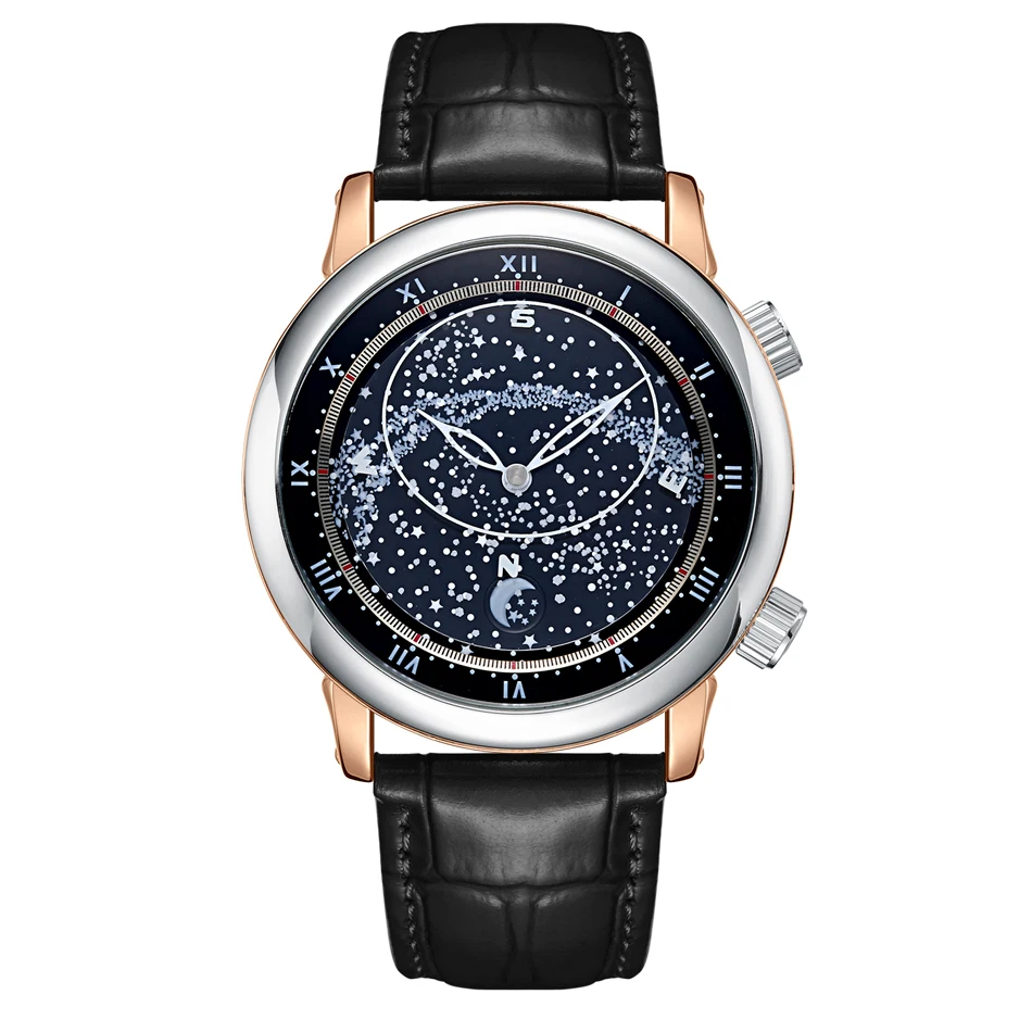 Men Automatic Self Wind Mechanical Rose Gold Black Blue Green Leather Strap Luxu - £53.33 GBP