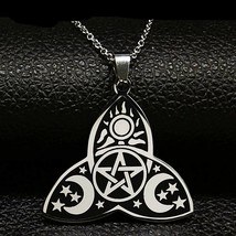 Triquetra Pentacle Necklace Stainless Steel Trinity Knot Sun Moon Pendant Amulet - £14.45 GBP