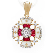 14K Gold Jerusalem Cross Necklace with Ruby Corundum, Diamonds, and White Enamel - £1,479.84 GBP