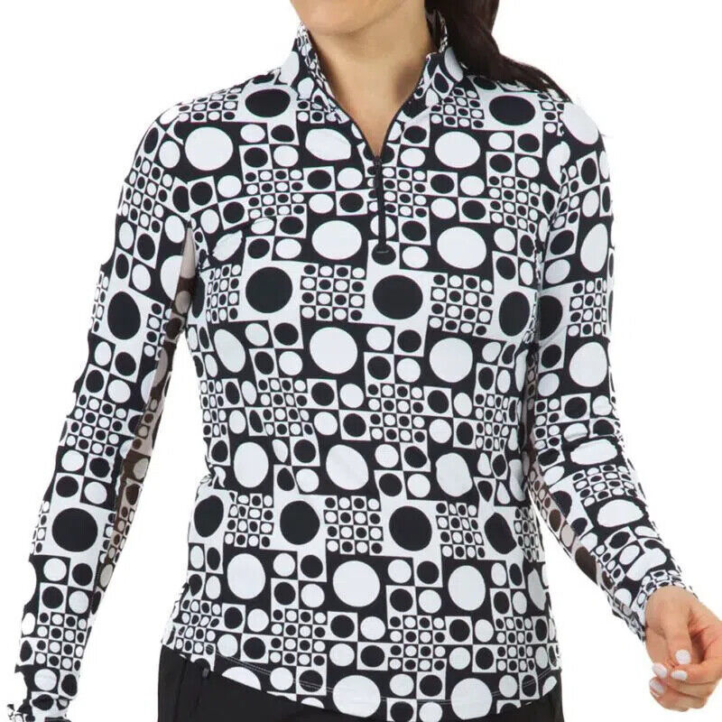 NWT Ladies IBKUL ELISE BLACK & WHITE Long Sleeve Mock Golf Shirt XS S M L XL XXL