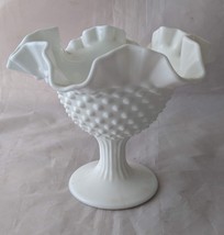 Vintage Fenton White Hobnail Milk Glass Pedestal Crimped Ruffle Candy Dish 5.5&quot; - £11.87 GBP