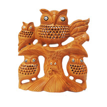  Handmade Wood Owl Family Owl Carving Sculpture on Tree Height 6 Inches - £63.93 GBP