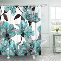 Teal Blue Gray Watercolor Floral Flowers Shower Curtain Fabric Bathroom 72x72 in - £47.17 GBP