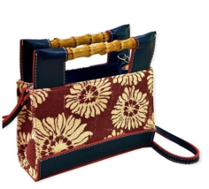 Tommy Hilfiger MINI Woven Straw Purse Sunflowers Bamboo Handle Maroon Navy 7 In. - £11.31 GBP