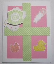 Stampin up! Handmade card Cutest Baby Ever Girl Green Pink 3D Bow Bib Pin Ducky - £4.81 GBP