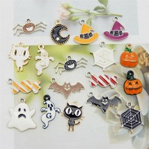 5 Enamel Halloween Charms Gold Pendants Kitty Findings Ghost Bat Witch Mixed Set - £3.53 GBP