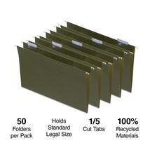 MyOfficeInnovations Hanging File Folders 5 Tab Legal Size Standard Green 50/BX - £62.34 GBP