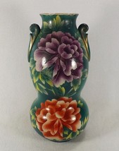 Antique Asian Pottery Vase Hand Painted Large Flowers Dual Sided Floral 12&quot; Tall - £18.80 GBP