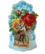 Antique Die Cut Valentine Card Child on Bicycle Roses Embossed Made in G... - £15.46 GBP