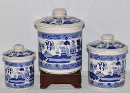 Vtg Blue Willow Transferware 3 Piece Canister Set Blue White Ceramic Canisters - £199.83 GBP