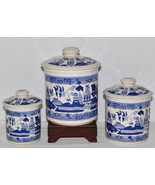 Vtg Blue Willow Transferware 3 Piece Canister Set Blue White Ceramic Can... - $250.00