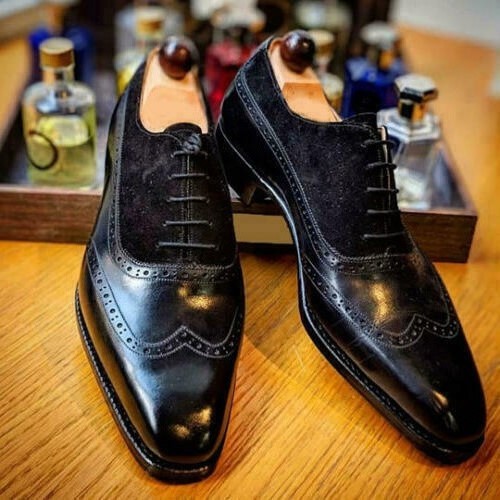 Handmade Leather Black Wingtip Two Tone Lace up Dress Leather Shoes For Men
