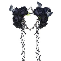 Black Flower Crown Headband Handmade Gothic Floral Headpiece with Butterfly Dark - £40.38 GBP