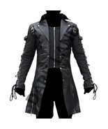 Men Black Steampunk Coat Black Real Leather Gothic Military Coat Mens Va... - $260.00