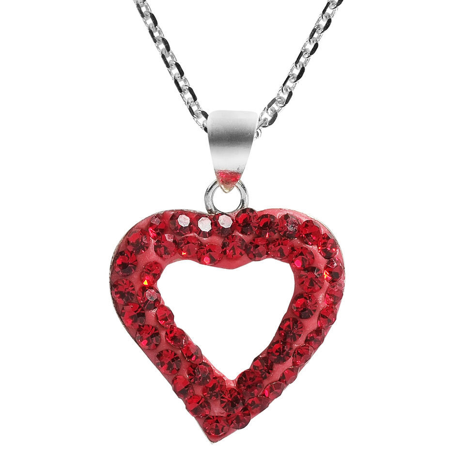 Gleaming Romance Open Heart Red Crystal .925 Sterling Silver Necklace - £14.47 GBP