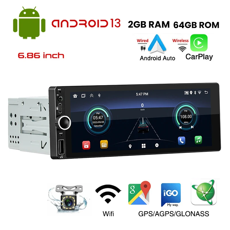6.86 Inch Android Car Radio Wireless CarPlay/Android Auto WiFi Bluetooth - £75.27 GBP+
