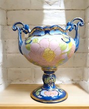 Vintage 10.25&quot; Limoges Style Handled Gold Moriage Pink Peonies Vase Compote Urn - $36.63