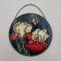 Stained Glass Red &amp; White Poppies Round Blue Green Sun Catcher Round 4.5&quot; - £7.77 GBP