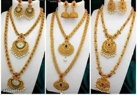 South Indian Women Temple3 Necklace Set Gold Plated Fashion Jewelry Wedding Gift - £42.98 GBP