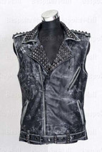 New Men&#39;s Black Black Studded Top Quilted Style Cowhide Biker Leather Vest-609 - £186.86 GBP