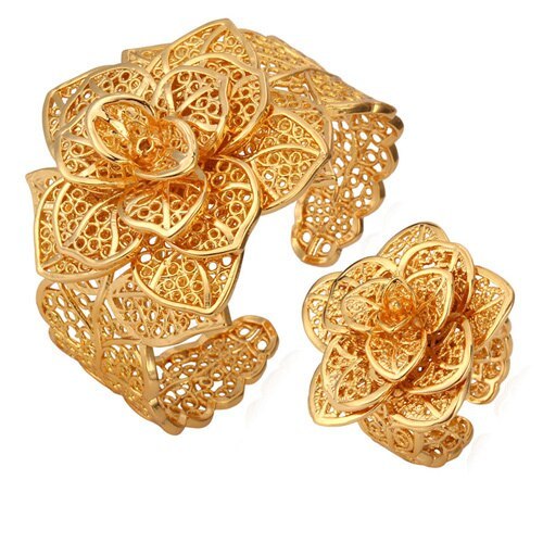U7 Dubai Big Bracelets Cuff Bangles Adjustable Ring Set Gold Exquisite Pattern F - £20.21 GBP