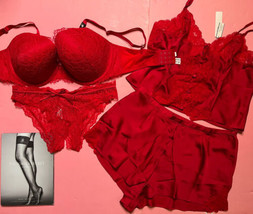 Victoria&#39;s Secret 36DDD Bra Set+M Crotchless Panty+Pj Cami Top+Shorts Red Lace - $168.29