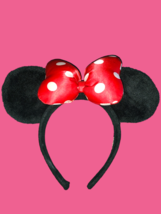 Disney Parks Minnie Mouse Black Furry Red Polka Dot Bow Ear Headband Tag Removed - £10.66 GBP