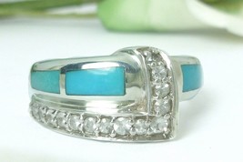Sterling Turquoise Stone Inlay and White Topaz Band Ring - £59.95 GBP