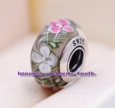 925 Sterling Silver Handmade Glass Lampwork Colorful Flowers Murano Glass Charm  - $4.20
