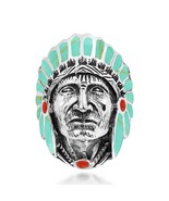 Green-Red Stone Accented Native American Style .925 Silver Ring-9 - £48.91 GBP