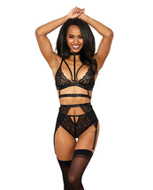 Stretch Lace w/Satin Elastic Bra, Garter Belt &amp; G-String Panty Black XXL - $32.46