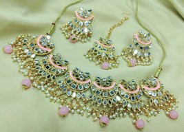Gold Plated Indian Bollywood Style Glass Kundan Choker Pink Necklace Jewelry Set - £22.40 GBP