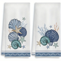 Coastal Decor Kitchen Tea Towels - Sea Shells Beach Theme - SET of 2 - £13.53 GBP