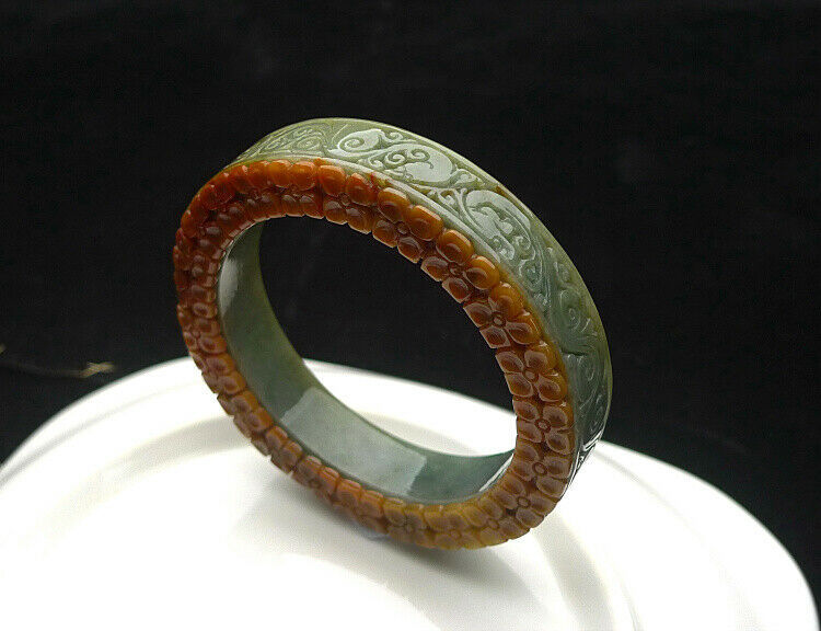 Yellow Green Jadeite Jade Carved Flower Bracelet Bangle 57.7mm - $660.99