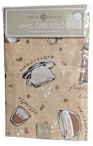 Coffee Cups Peva Vinyl Tablecloth 52 x 70 Brown Tan Fabric Backing Kitch... - $12.84