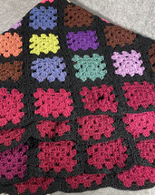 Afghan Crochet Throw Blanket Granny Square Black Roseanne Vtg Handmade 57x 86 - £19.55 GBP