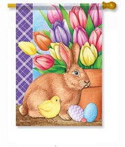 Bunny And Tulips Easter House Flag - 2 Sided Message, 28&quot; x 40&quot; - £27.77 GBP
