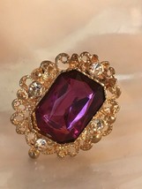 Estate Large Purple Faceted Emerald Cab in Ornate Goldtone Frame w Clear Rhinest - £8.35 GBP