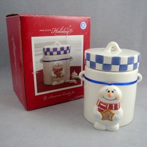 Home Accents Holiday Ceramic Snowman Ornament Candy Jar Blue Checkerboard Trim - £19.73 GBP